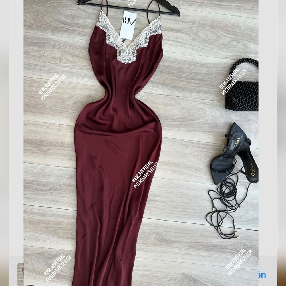 NWT ZARA LACE SLIP DRESS ZW COLLECTION satin silk maxi dress Lingerie Burgundy - Picture 7 of 16